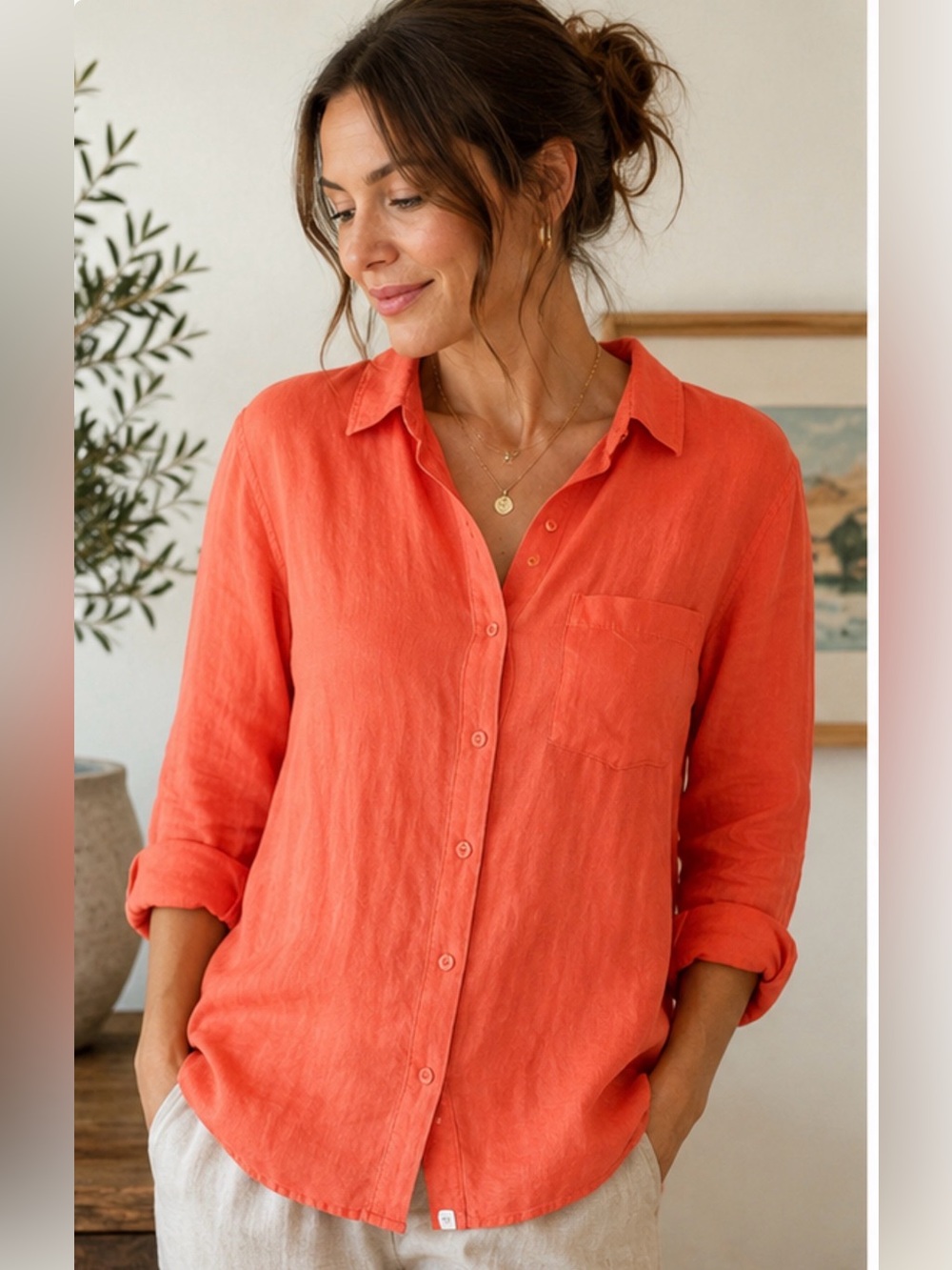 Long Tall Sally 100% Linen Blouse Coral Orange US‎ 16